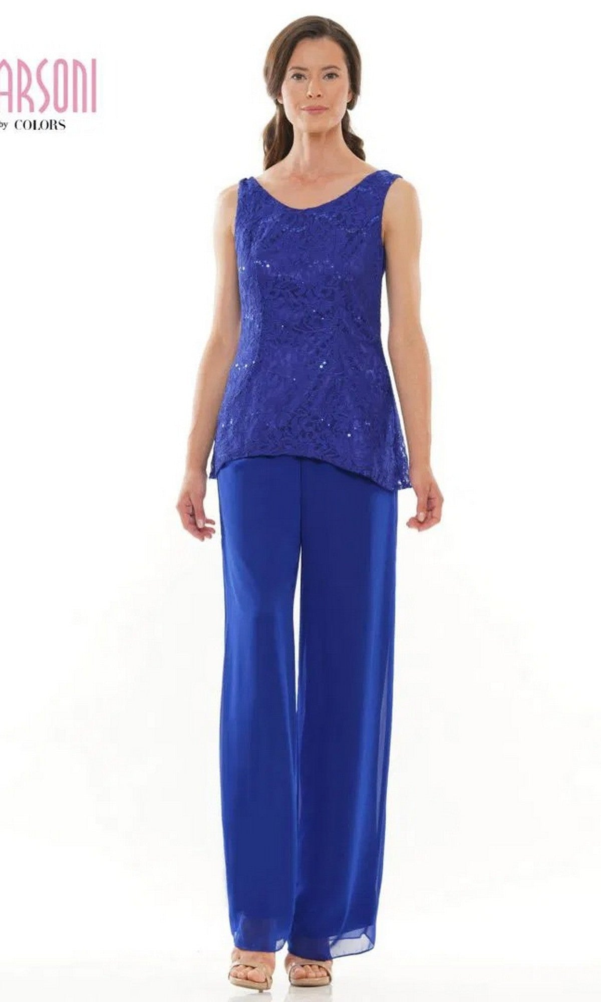 A woman stands facing forward in the Marsoni M303 long formal pantsuit—royal blue, sequined sleeveless top, matching wide-leg pants, and beige open-toe heels—set against a plain white background.